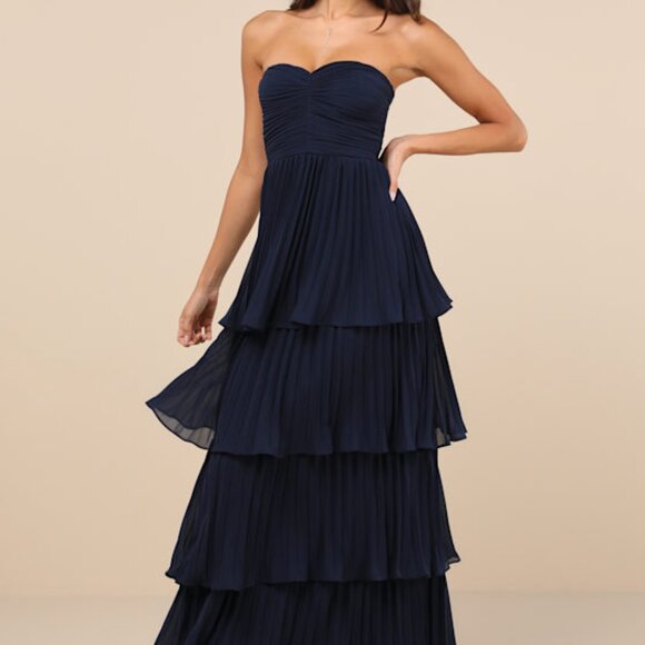Lulus Seriously Sensational Navy Blue Strapless Tiered Maxi Dress - Size M - Picture 1 of 1